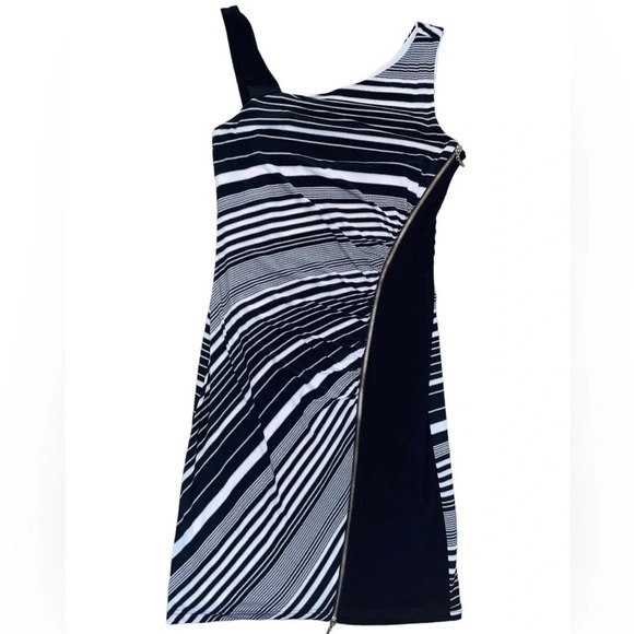 Joseph Ribkoff Striped Dress Asymmetrical Straps Black White Side Zip Size 6 - Picture 1 of 5